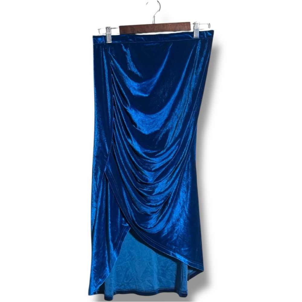 Cider NWT Elegant Royal Blue Asymmetrical Elastic Waist Velvet Midi Skirt - Picture 11 of 15